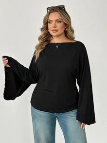 SHEIN CURVE+ Women's 22W Solid Color Pleated Casual Versatile Daily Travel T-Shirt Fall - Black - View 3