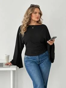 SHEIN CURVE+ Women's 22W Solid Color Pleated Casual Versatile Daily Travel T-Shirt Fall - Black - View 7