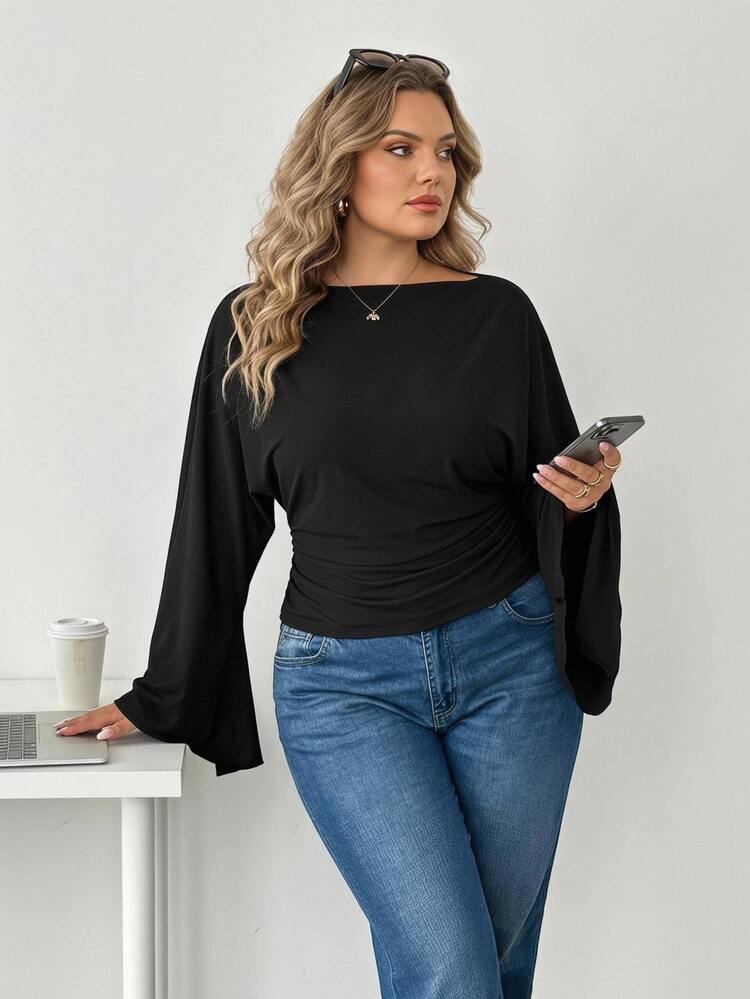 SHEIN CURVE+ 女款 22W 素色百褶休閒百搭日常旅行 T-shirt 秋季 - 黑色 - 查看 7