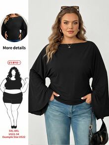 SHEIN CURVE+ Women's 22W Solid Color Pleated Casual Versatile Daily Travel T-Shirt Fall - Black - View 9
