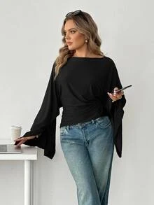 SHEIN CURVE+ Women's 22W Solid Color Pleated Casual Versatile Daily Travel T-Shirt Fall - Black - View 6