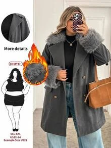 SHEIN CURVE+ 8XL~10XL Plus Size Women's Casual Patchwork Faux Fur Autumn/Winter Jacket - Dark Grey - View 8