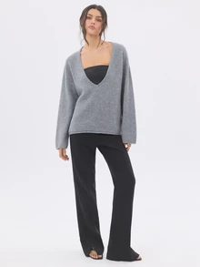 KÆRIA Hus Reversible Deep V-Neck Sweater - Textured Knit - Blue Grey Marle - Long Sleeve, Minimilist, Layering - Grey - View 6