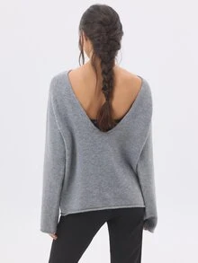 KÆRIA Hus Reversible Deep V-Neck Sweater - Textured Knit - Blue Grey Marle - Long Sleeve, Minimilist, Layering - Grey - View 7