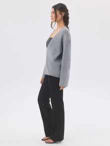 KÆRIA Hus Reversible Deep V-Neck Sweater - Textured Knit - Blue Grey Marle - Long Sleeve, Minimilist, Layering - Grey - View 4