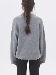 KÆRIA Hus Reversible Deep V-Neck Sweater - Textured Knit - Blue Grey Marle - Long Sleeve, Minimilist, Layering - Grey - View 3