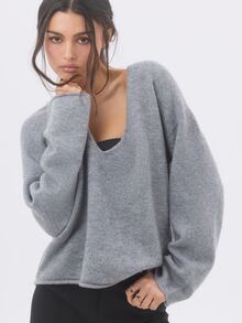 KÆRIA Hus Reversible Deep V-Neck Sweater - Textured Knit - Blue Grey Marle - Long Sleeve, Minimilist, Layering - Grey - View 2
