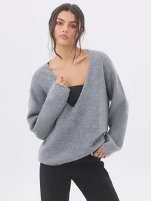 KÆRIA Hus Reversible Deep V-Neck Sweater - Textured Knit - Blue Grey Marle - Long Sleeve, Minimilist, Layering - Grey - View 5