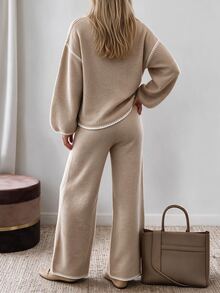 SHEIN LUNE Bộ 2 món áo len nữ thời trang Thu/Đông, phong cách thường ngày đa năng, mặc đi làm, màu be, mặc ở nhà - màu nâu - Xem 2
