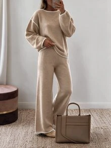 SHEIN LUNE Bộ 2 món áo len nữ thời trang Thu/Đông, phong cách thường ngày đa năng, mặc đi làm, màu be, mặc ở nhà - màu nâu - Xem 8