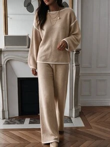 SHEIN LUNE Bộ 2 món áo len nữ thời trang Thu/Đông, phong cách thường ngày đa năng, mặc đi làm, màu be, mặc ở nhà - màu nâu - Xem 7