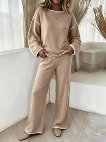 SHEIN LUNE Bộ 2 món áo len nữ thời trang Thu/Đông, phong cách thường ngày đa năng, mặc đi làm, màu be, mặc ở nhà - màu nâu - Xem 1