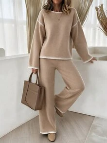 SHEIN LUNE Bộ 2 món áo len nữ thời trang Thu/Đông, phong cách thường ngày đa năng, mặc đi làm, màu be, mặc ở nhà - màu nâu - Xem 10