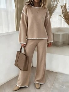 SHEIN LUNE Bộ 2 món áo len nữ thời trang Thu/Đông, phong cách thường ngày đa năng, mặc đi làm, màu be, mặc ở nhà - màu nâu - Xem 11