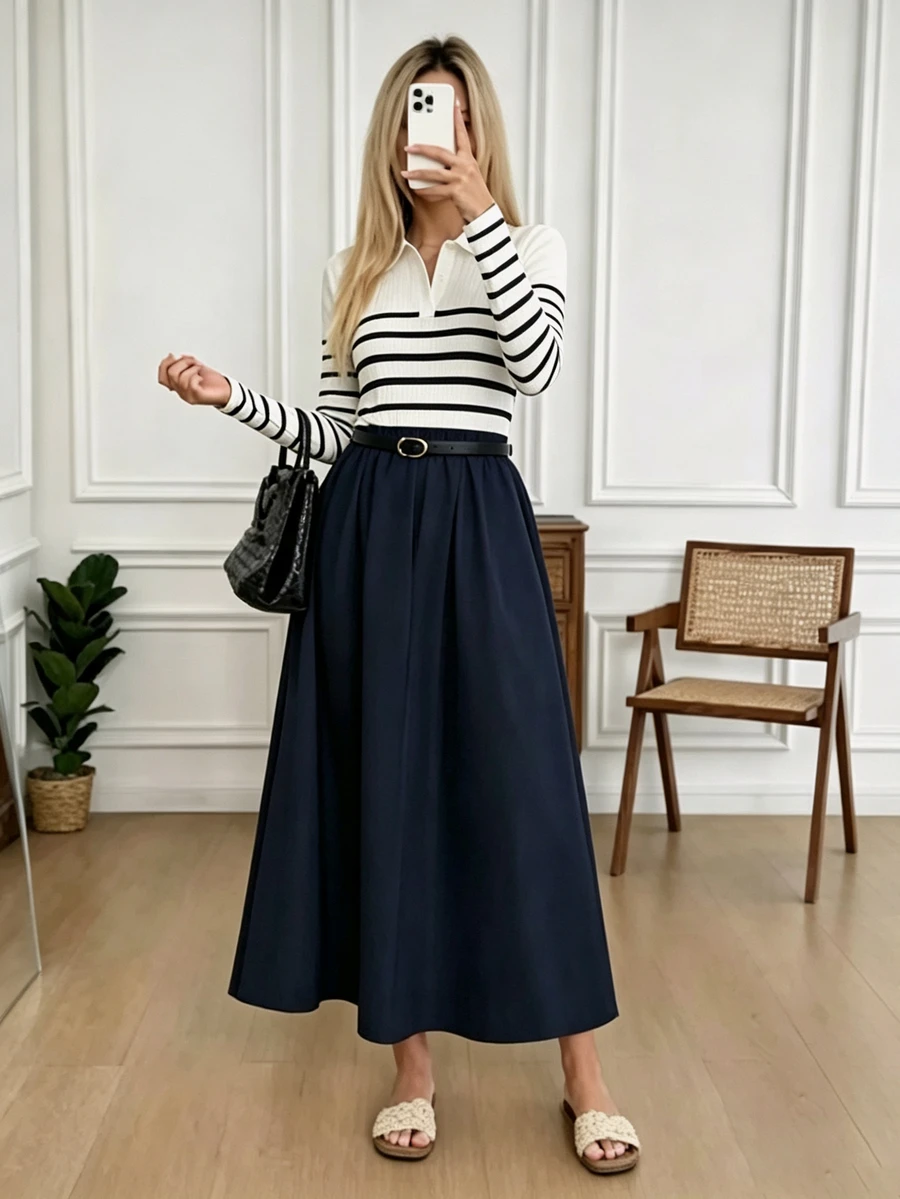 Breezaya Women's Korean Style Striped Colorblock Long Sleeve Dress For Vacation - Multicolor - View 1