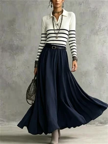 Breezaya Women's Korean Style Striped Colorblock Long Sleeve Dress For Vacation - Multicolor - View 3