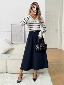 Breezaya Women's Korean Style Striped Colorblock Long Sleeve Dress For Vacation - Multicolor - View 4