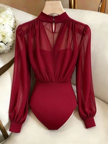 GlowEve Winter Clothes Women's Autumn Burgundy Sheer Mesh Semi-High Neck Wrap Cross V-Neck - Burgundy - View 2