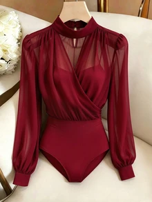GlowEve Winter Clothes Women's Autumn Burgundy Sheer Mesh Semi-High Neck Wrap Cross V-Neck - Burgundy - View 3