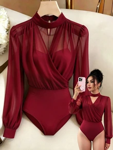 GlowEve Winter Clothes Women's Autumn Burgundy Sheer Mesh Semi-High Neck Wrap Cross V-Neck - Burgundy - View 5