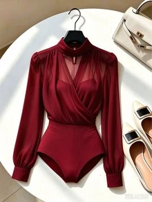 GlowEve Winter Clothes Women's Autumn Burgundy Sheer Mesh Semi-High Neck Wrap Cross V-Neck - Burgundy - View 1