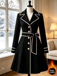 Yalmera Women's Autumn/Winter Piped Long Sleeve Single-Breasted Elegant Overcoat - Red and White - View 4