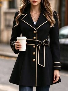 Yalmera Women's Autumn/Winter Piped Long Sleeve Single-Breasted Elegant Overcoat - Red and White - View 2