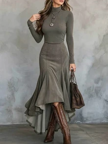 Glimmora Women's Vintage High Neck Solid Color Asymmetrical Hem Long Sleeve Slim Fit Dress, Autumn/Winter - Gray green - View 3