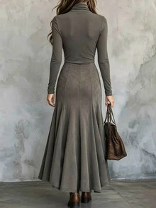 Glimmora Women's Vintage High Neck Solid Color Asymmetrical Hem Long Sleeve Slim Fit Dress, Autumn/Winter - Gray green - View 2