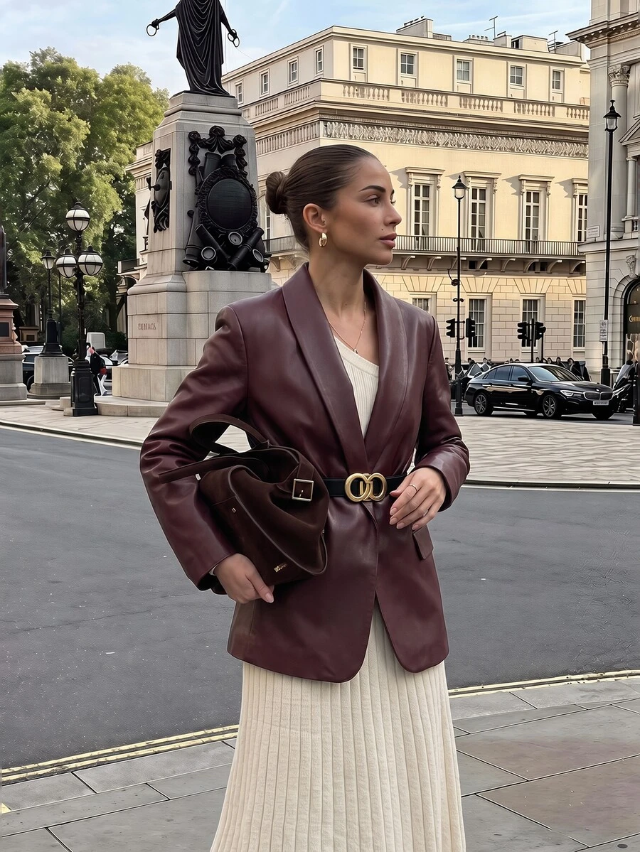 SHEIN PariChic 女款秋冬酒紅色披肩領皮革夾克,開襟長袖中長版西裝外套,辦公室早午餐優雅商務休閒風 - 紅色 - 查看 1