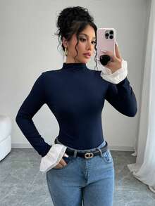 SHEIN 女款立領拼接撞色荷葉袖口修身時尚T恤 - 藏蓝色 - 查看 4