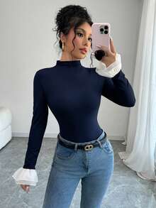 SHEIN 女款立領拼接撞色荷葉袖口修身時尚T恤 - 藏蓝色 - 查看 6