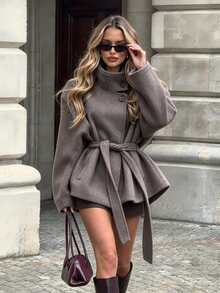 SHEIN London Street Slouchy High Neck Short Overcoat With Tie Waist Silhouette, Women's Winter Outerwear - Coffee Brown - View 4