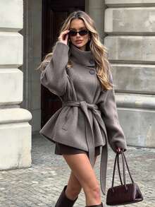 SHEIN London Street Slouchy High Neck Short Overcoat With Tie Waist Silhouette, Women's Winter Outerwear - Coffee Brown - View 5