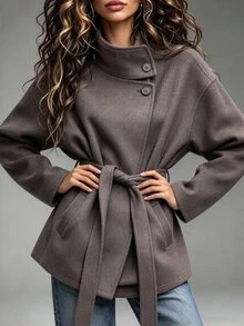 SHEIN London Street Slouchy High Neck Short Overcoat With Tie Waist Silhouette, Women's Winter Outerwear - Coffee Brown - View 2