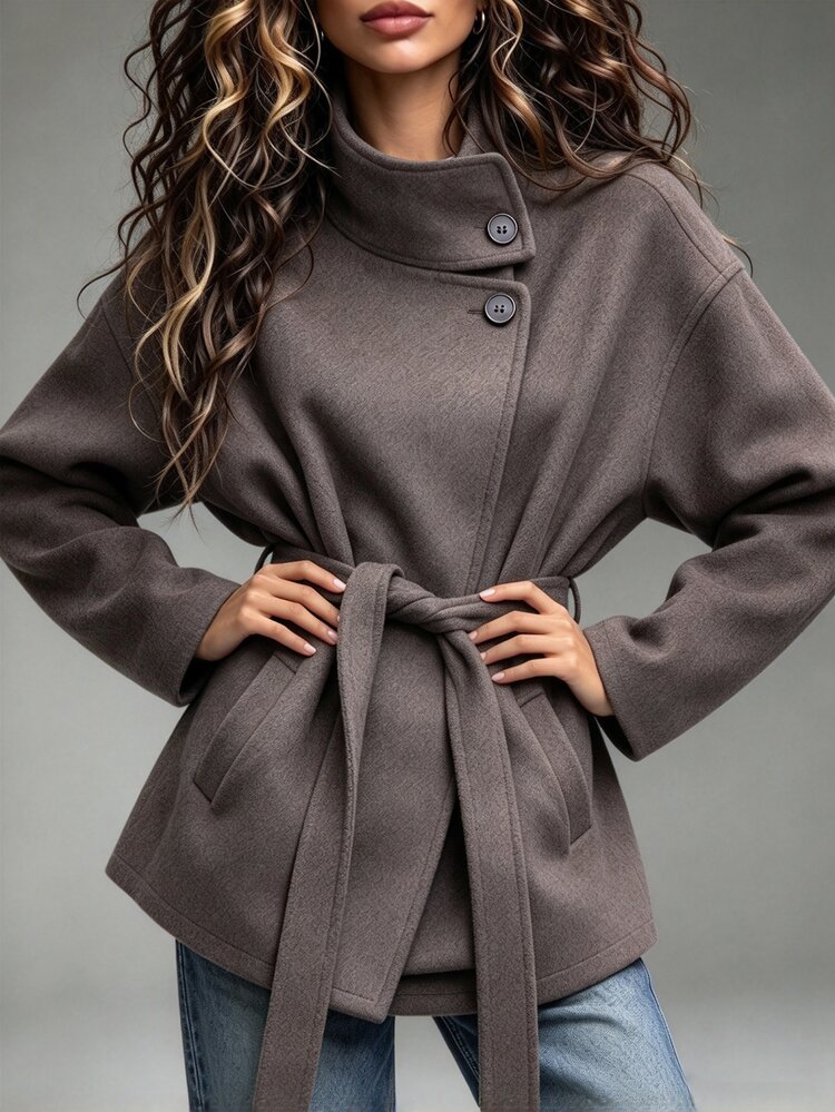 SHEIN London Street 寬鬆高領短款大衣，腰部繫帶修身廓形，女款冬季外套 - 咖啡棕 - 查看 1