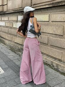 Coolane 女款秋冬街頭風休閒外出辦公日常穿著基礎圖案粉色條紋寬鬆低腰直筒長褲 - 紅色 - 查看 4