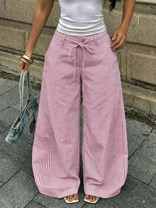 Coolane 女款秋冬街頭風休閒外出辦公日常穿著基礎圖案粉色條紋寬鬆低腰直筒長褲 - 紅色 - 查看 3