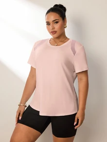 Rhythm Era Plus Size Women Mesh Patchwork Back Short Sleeve T-Shirt, Casual Fitness Workout - Baby Pink - View 5