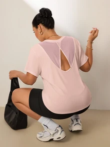 Rhythm Era Plus Size Women Mesh Patchwork Back Short Sleeve T-Shirt, Casual Fitness Workout - Baby Pink - View 3