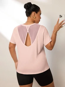 Rhythm Era Plus Size Women Mesh Patchwork Back Short Sleeve T-Shirt, Casual Fitness Workout - Baby Pink - View 7