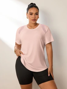 Rhythm Era Plus Size Women Mesh Patchwork Back Short Sleeve T-Shirt, Casual Fitness Workout - Baby Pink - View 2