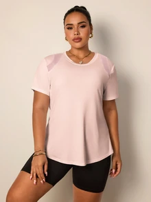 Rhythm Era Plus Size Women Mesh Patchwork Back Short Sleeve T-Shirt, Casual Fitness Workout - Baby Pink - View 4