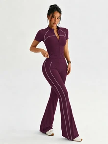 Dewbera Dewbera Women's Sports Set Mauve Purple Purple Tight Fit Raglan Short Sleeve Color Block Full Zip Jacket Split Flare Pants Athleisure Gym Workout Fall Sporty - Purple - View 5