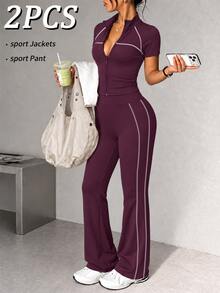 Dewbera Dewbera Women's Sports Set Mauve Purple Purple Tight Fit Raglan Short Sleeve Color Block Full Zip Jacket Split Flare Pants Athleisure Gym Workout Fall Sporty - Purple - View 7