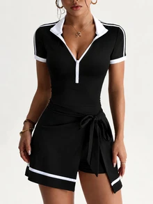 SHEIN Dewbera Contrast Trimmed Half Zip Mock Neck Active Casual Sporty Romper With Skirt Vacation Sports Black And White Striped Summer - Black - View 5