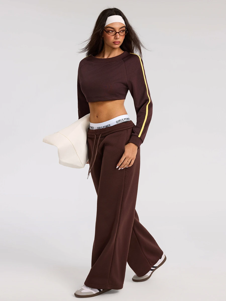 Dewbera Dewbera Women's Round Neck Long Sleeve Yellow & Brown Colorblock Cropped Fitted Sports Sweatshirt - Brown - View 1