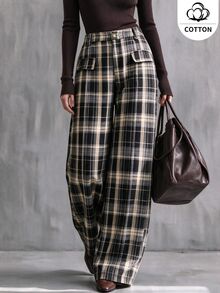 Ceyna Plus Plaid Slant Pocket Wide Leg Suit Pants - Multicolor - View 1