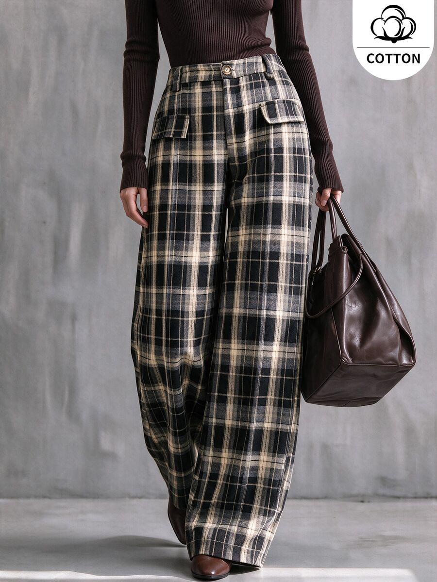 Ceyna Plus Plaid Slant Pocket Wide Leg Suit Pants - Multicolor - View 1