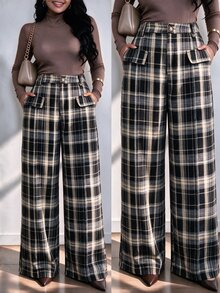 Ceyna Plus Plaid Slant Pocket Wide Leg Suit Pants - Multicolor - View 3